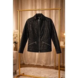 Frank Lyman Black Quilted Faux Leather Moto Jacket Faux Fur Lined Sz 8 Casual